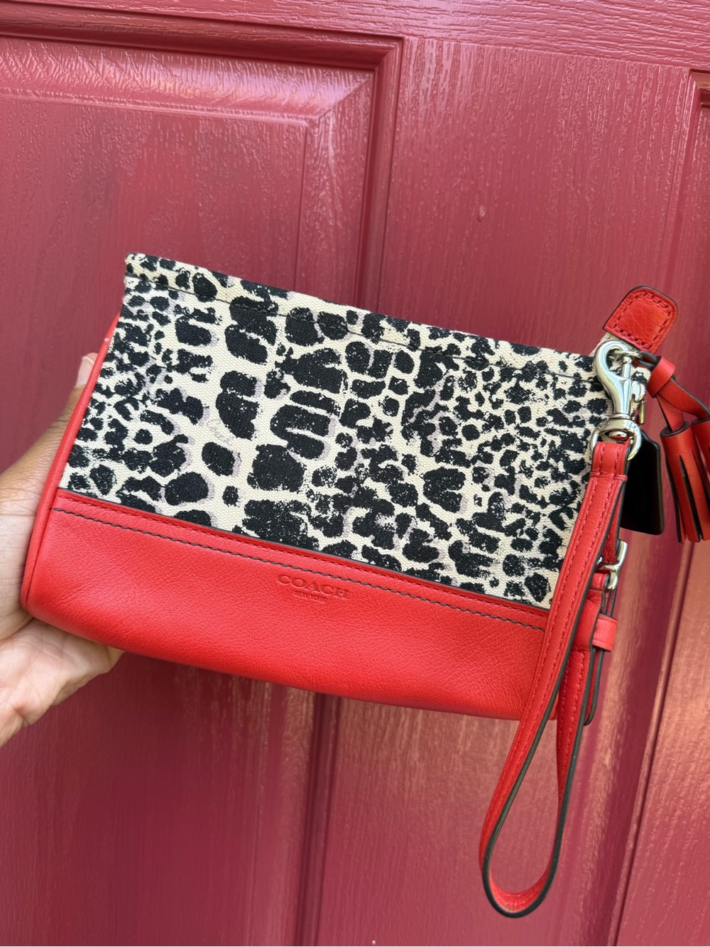Coach Red Leather Wristlet with Black & White Animal Print